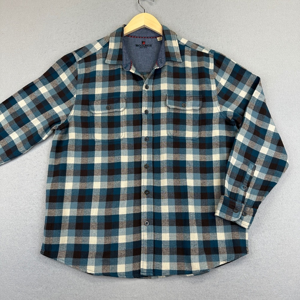 Woolrich Flannel Shirt Mens XL Blue Plaid Cotton Long Sleeve Button Up Midweight